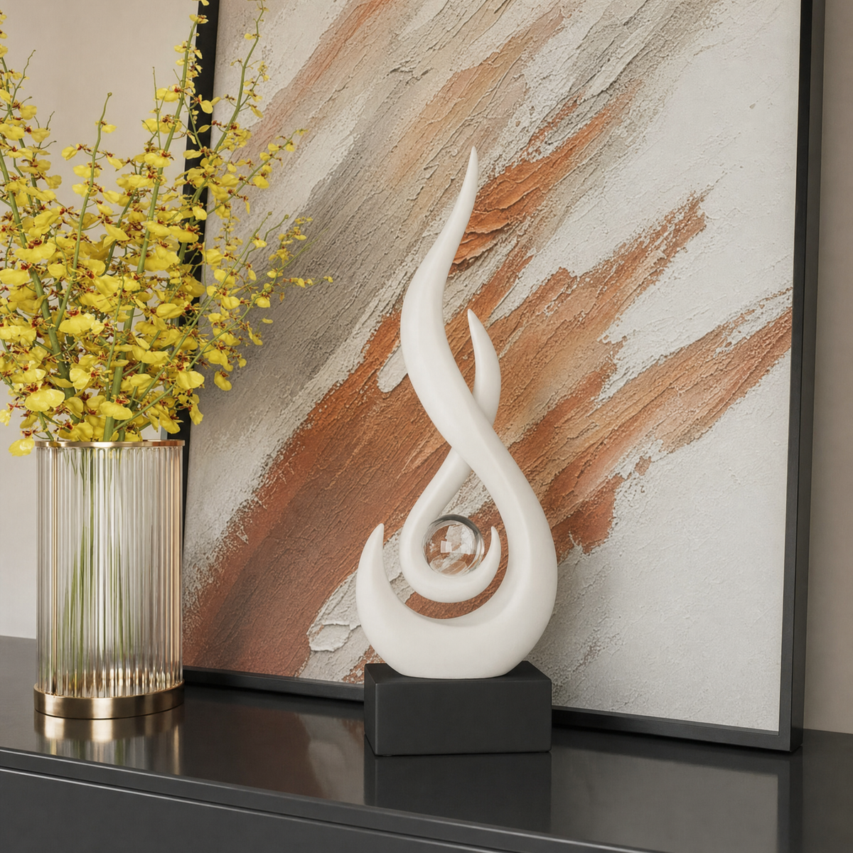 Emberform Abstract Gold Flame Sculpture with Crystal Ball Accent in White