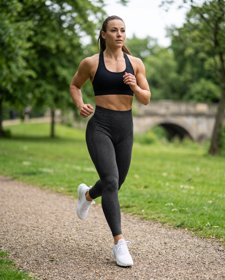 Woman running in the park in Fellstride women's black seamless leggings