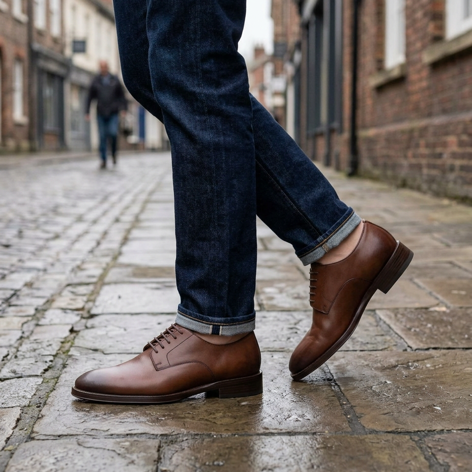 Man walking in brown derby shoes and dark jeans