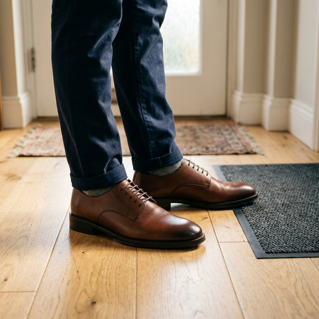 Brown derby shoes worn with navy chinos in a hallway
