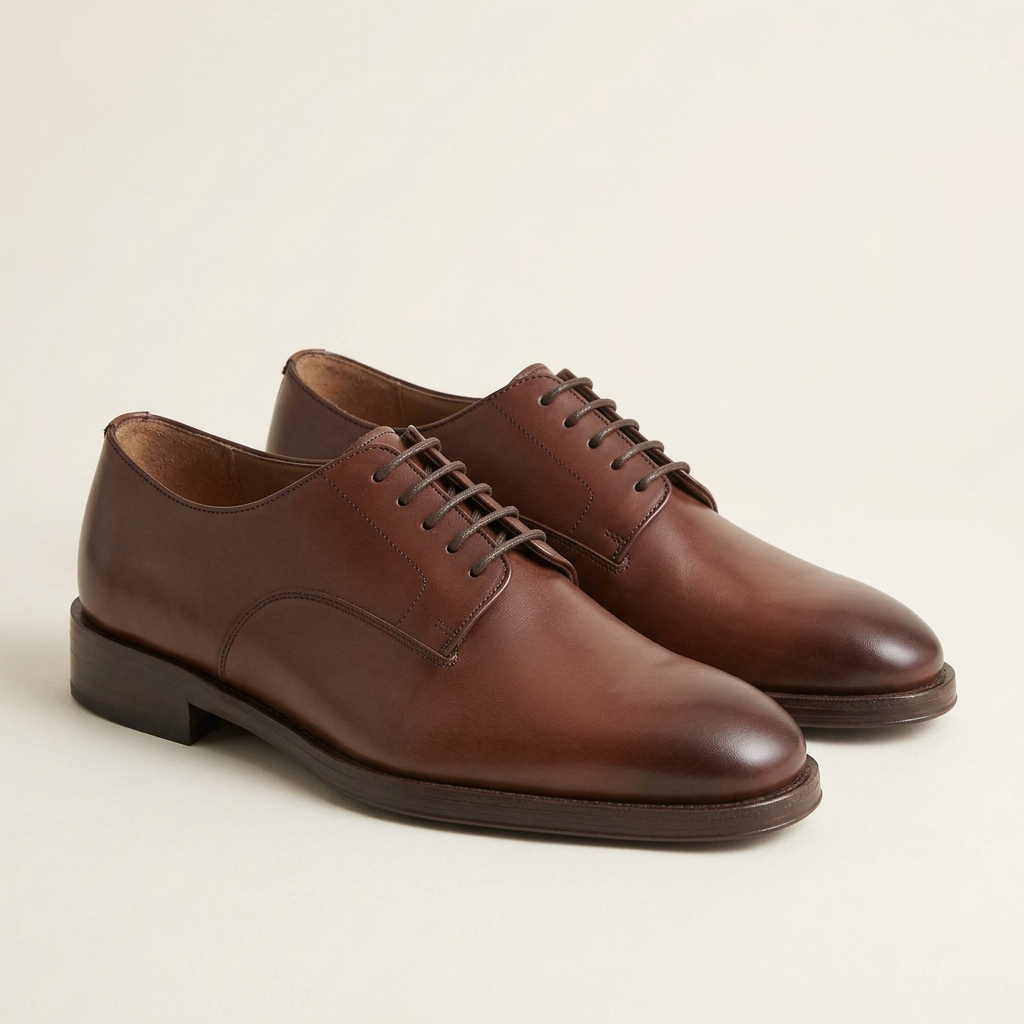 Men's brown faux leather lace-up derby shoes on a white background