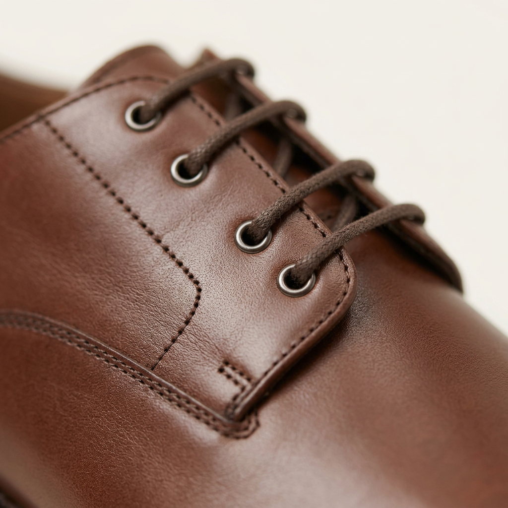 Close-up of the faux leather upper and laces