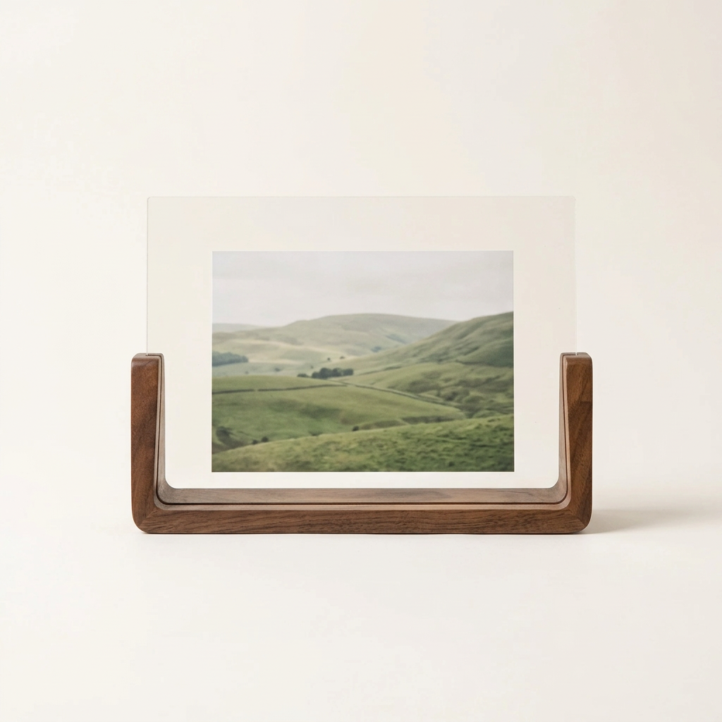 Horizontal U-shaped photo frame with walnut wood base