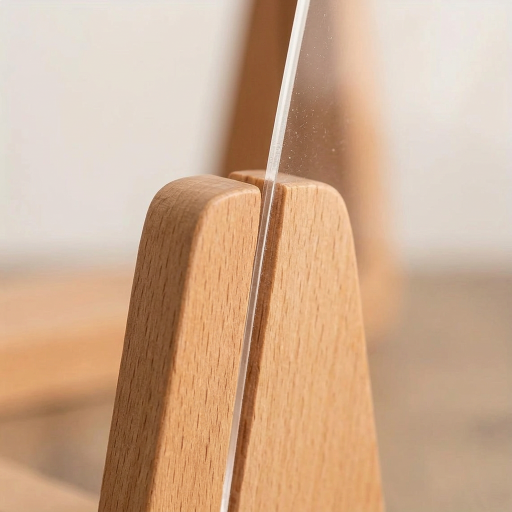 Close-up of the acrylic panels in the solid wood base