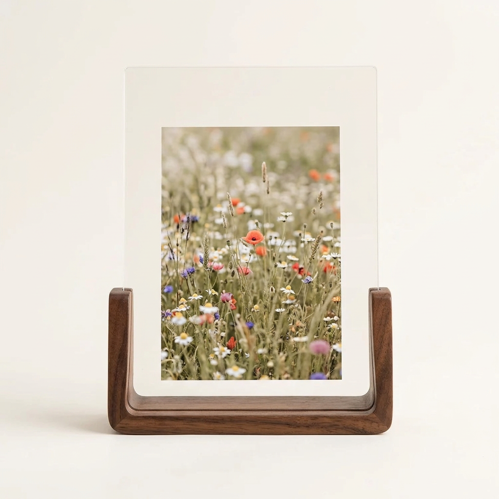 Vertical U-shaped photo frame with walnut wood base
