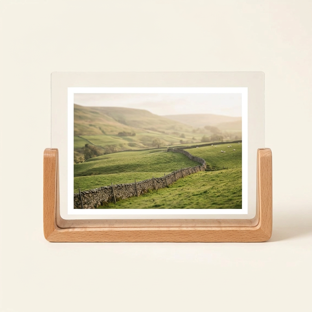 Horizontal U-shaped photo frame with beech wood base and acrylic panels