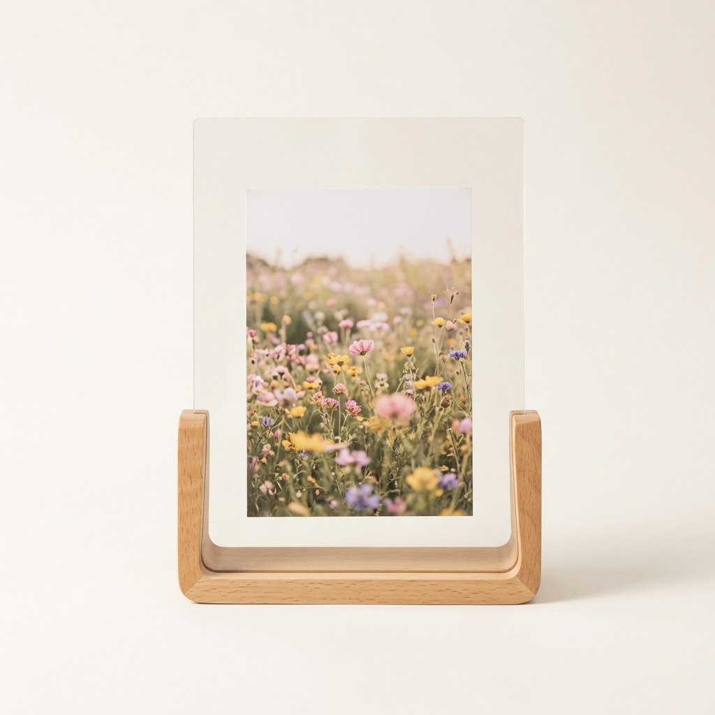 Vertical U-shaped photo frame with beech wood base
