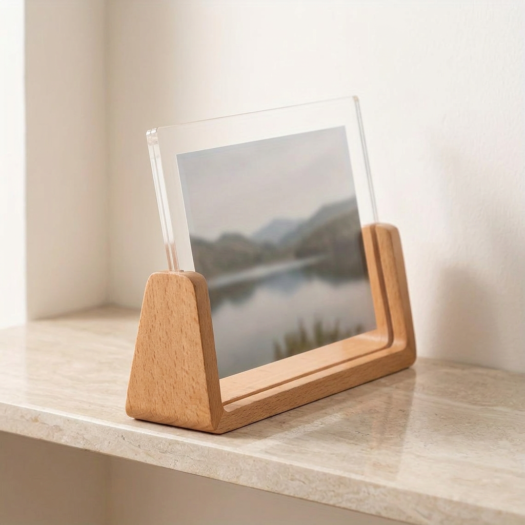 Side view of the U-shaped wood and acrylic photo frame