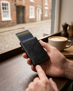 Holding the black RFID card holder with cards fanned out