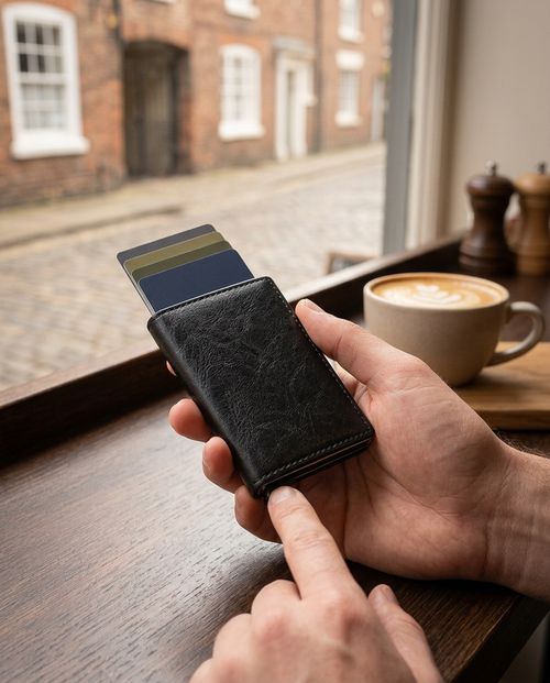 Holding the black RFID card holder with cards fanned out