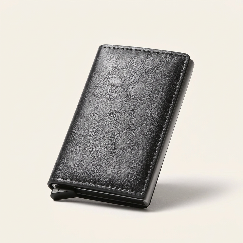 Black faux leather and aluminium RFID card holder