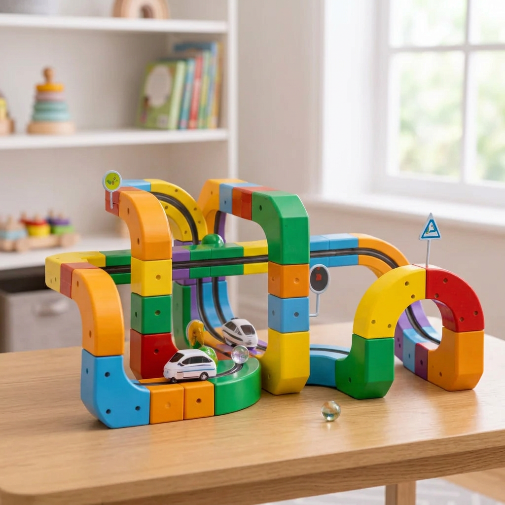 Block track set built on a playroom table