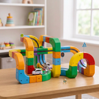 Block track set built on a playroom table