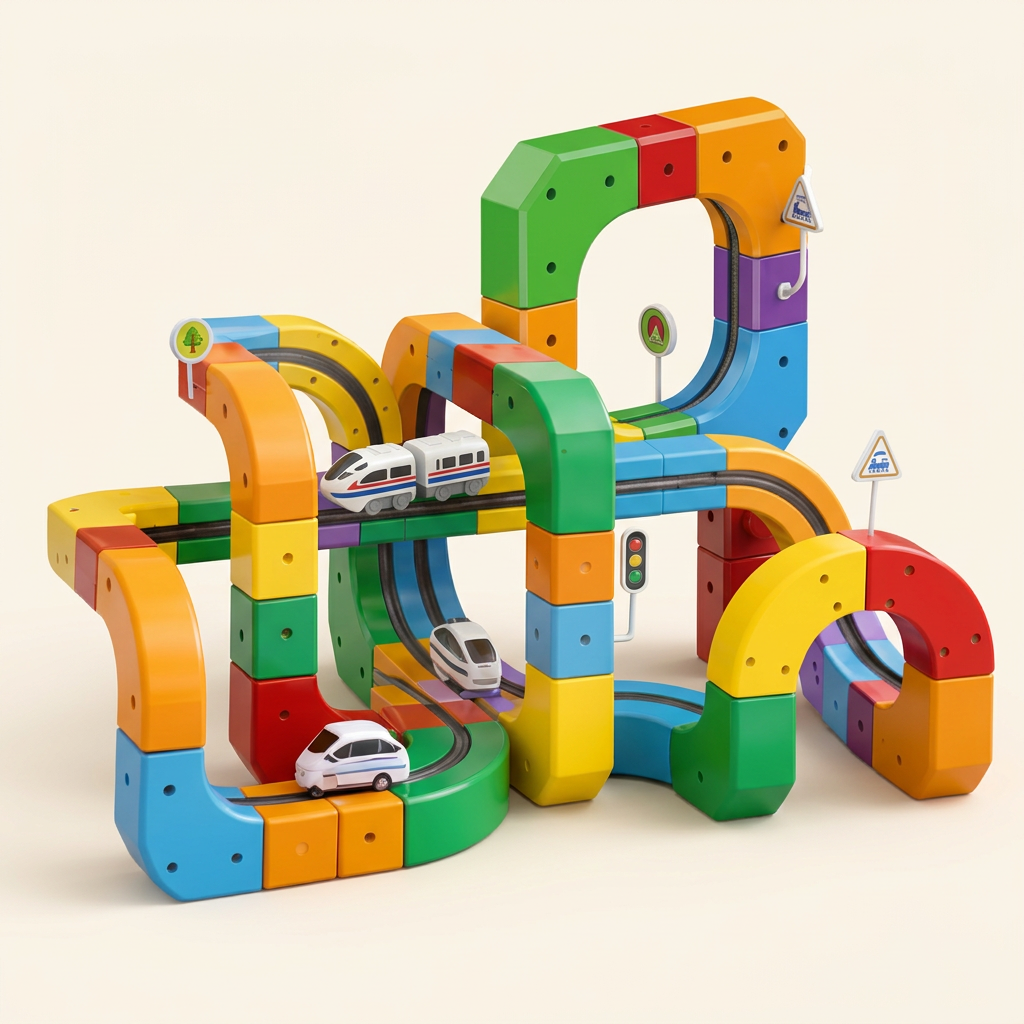 Large assembled building blocks track set, 81 pieces