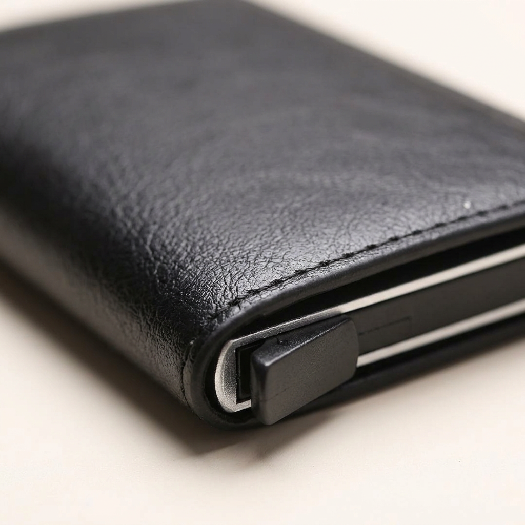 Close-up of the faux leather cover and aluminium case