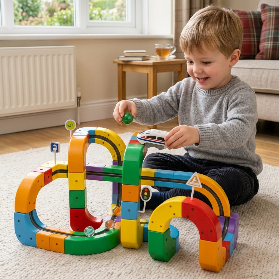 Child playing with a tall block track build in the living room