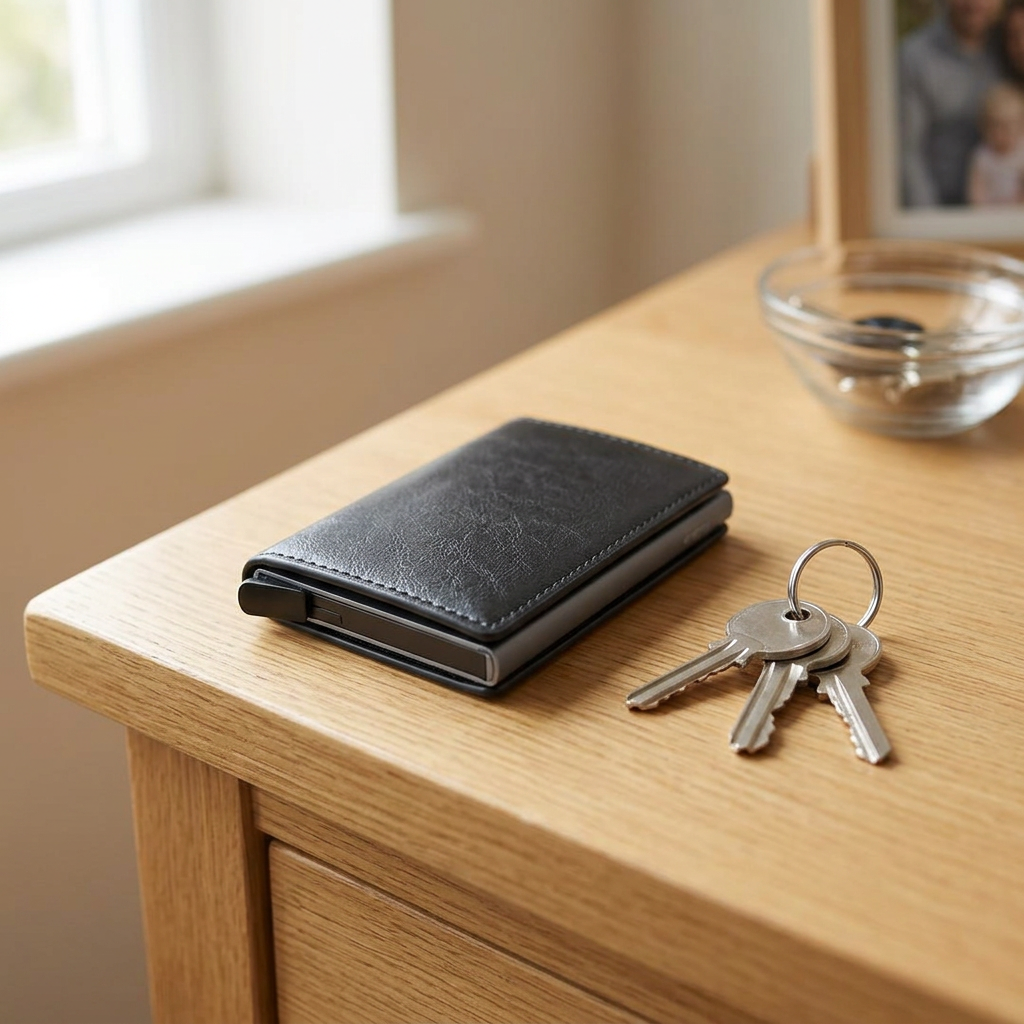 Black card holder on a hallway table beside house keys