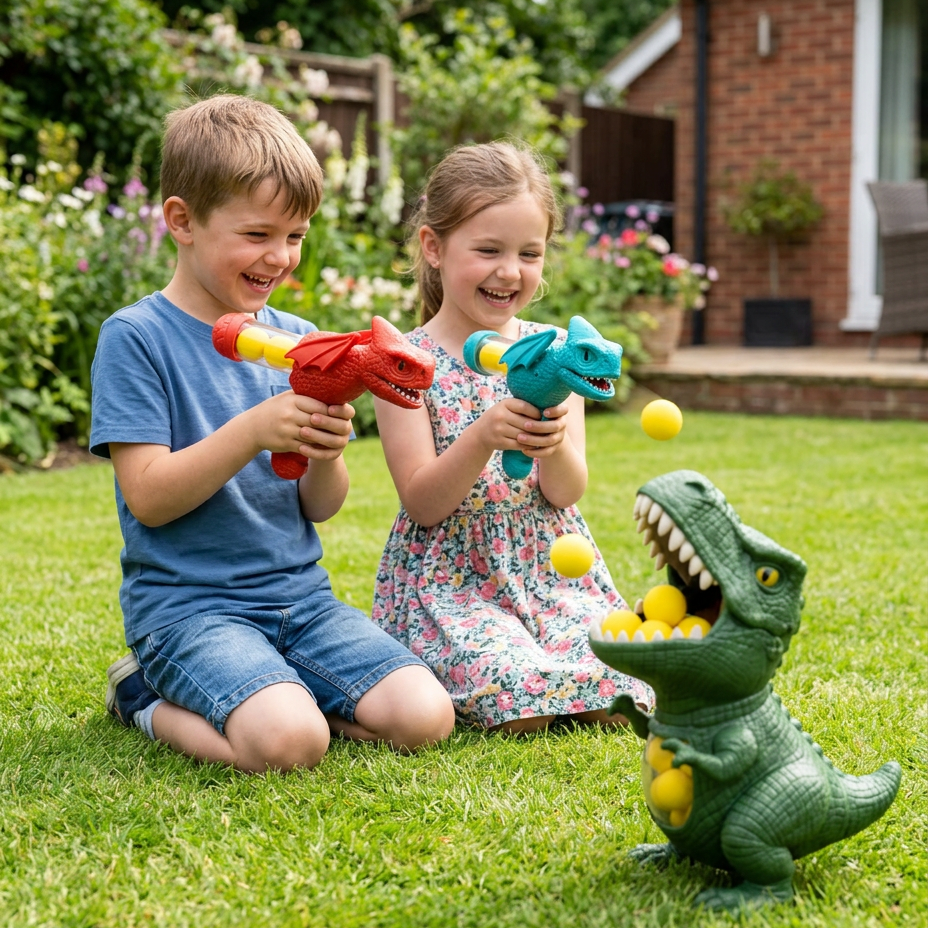 Children playing the dinosaur foam ball game in the garden