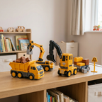 Magnetic vehicles displayed on a bedroom shelf