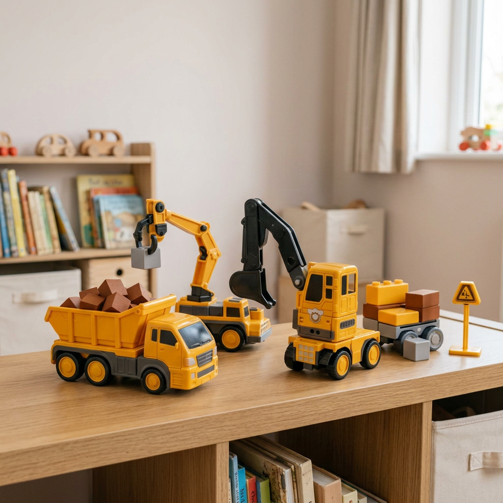 Magnetic vehicles displayed on a bedroom shelf