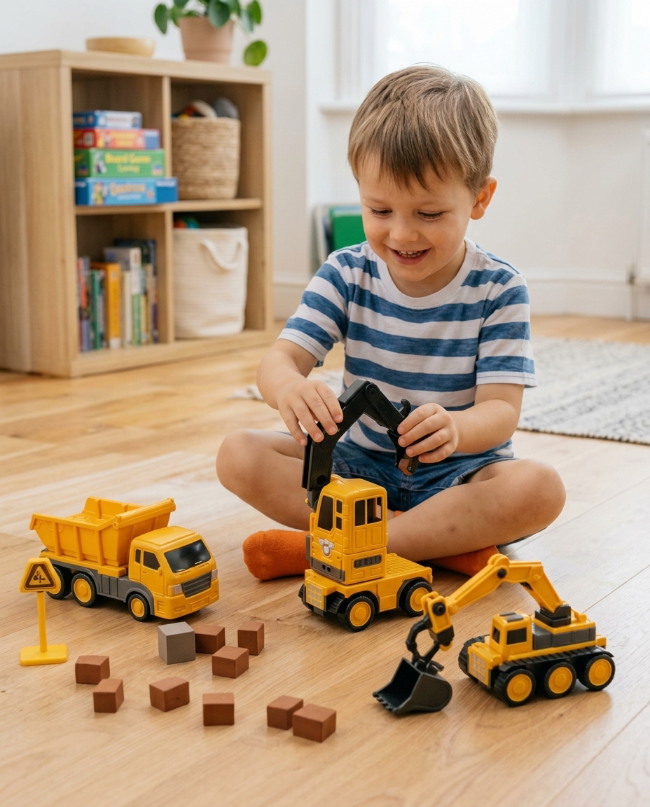 Child building a magnetic construction truck on the playroom floor