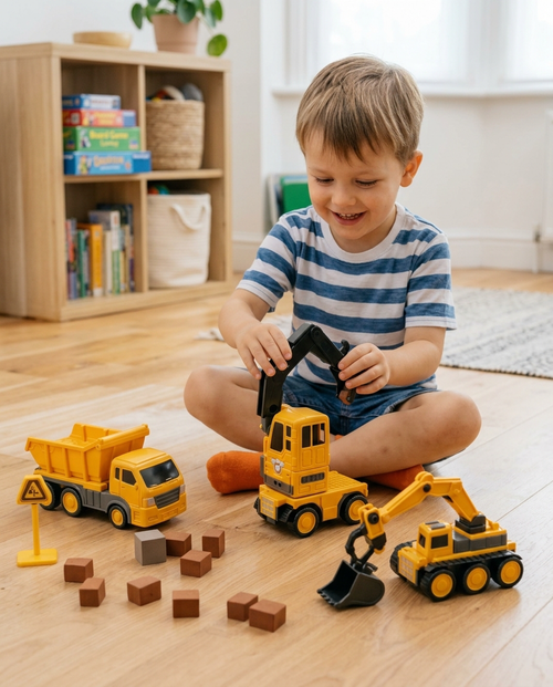 Child building a magnetic construction truck on the playroom floor