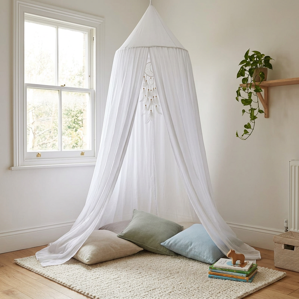 White canopy over floor cushions in a child's bedroom