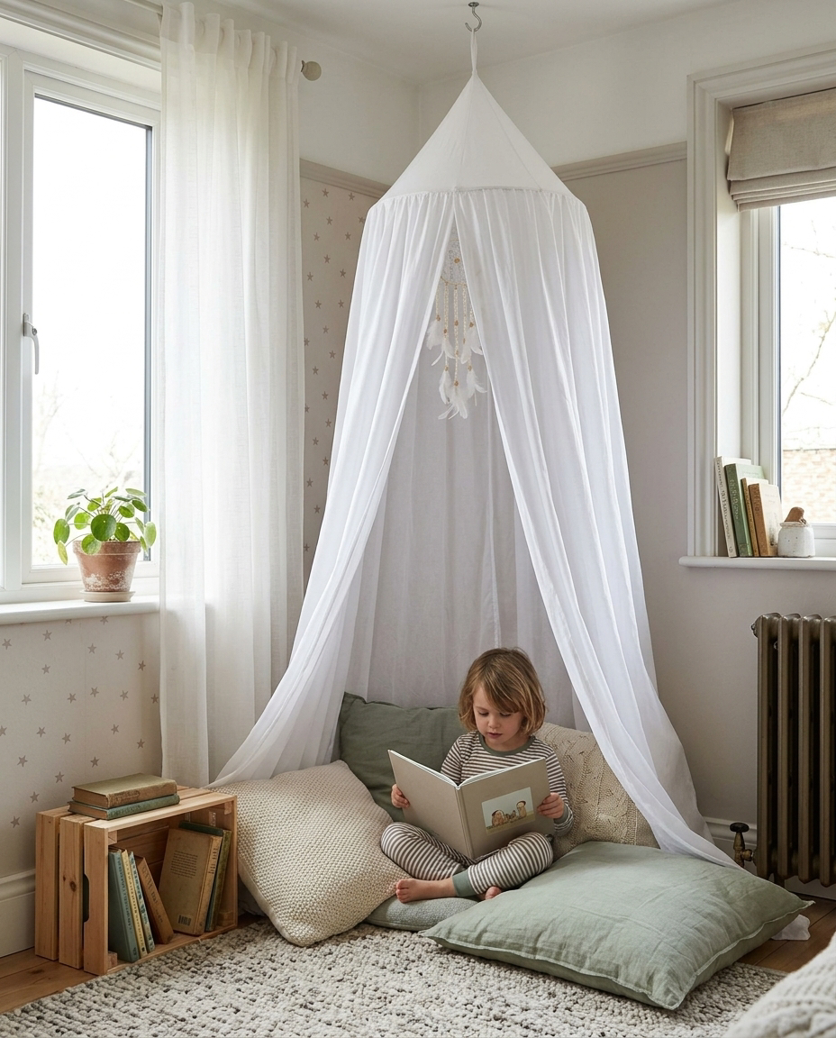 Child reading under a white hanging canopy in a cosy corner