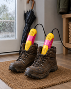 Yellow Hearthdry electric shoe dryer drying muddy walking boots in a British hallway on a rainy day
