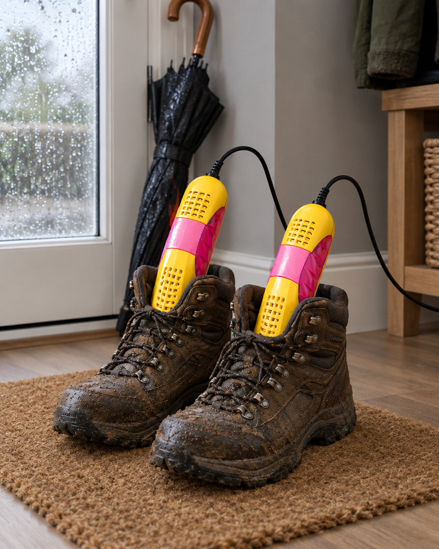 Yellow Hearthdry electric shoe dryer drying muddy walking boots in a British hallway on a rainy day