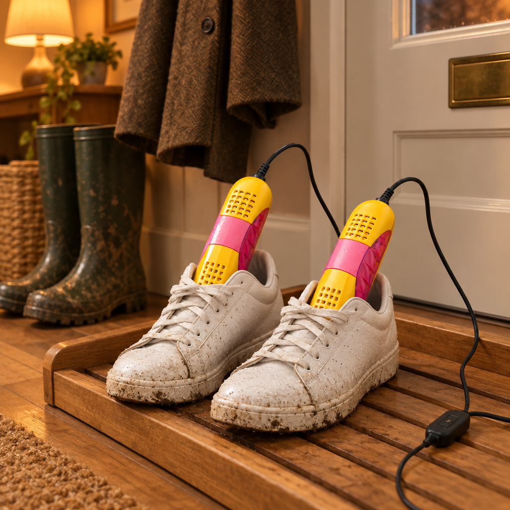 Yellow shoe dryer inside damp trainers on a boot tray by the front door