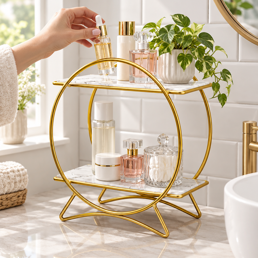 Gold and white Marlowe two-tier organiser holding skincare on a bathroom vanity
