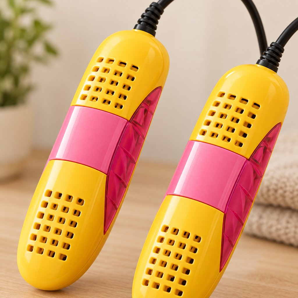 Close-up of the drying heads and vents on the yellow shoe dryer