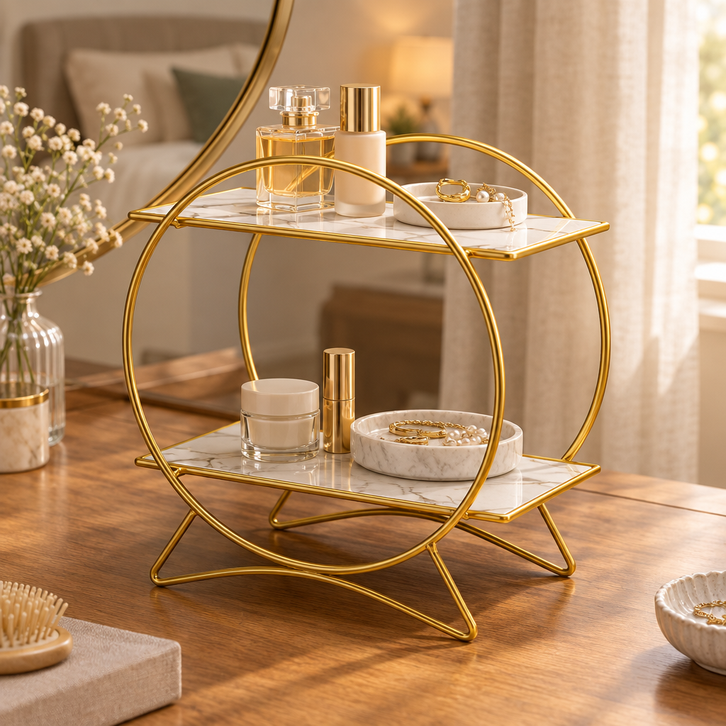 Gold and white two-tier organiser on a bedroom dressing table
