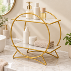 Three-quarter view of the gold and white two-tier organiser on a countertop