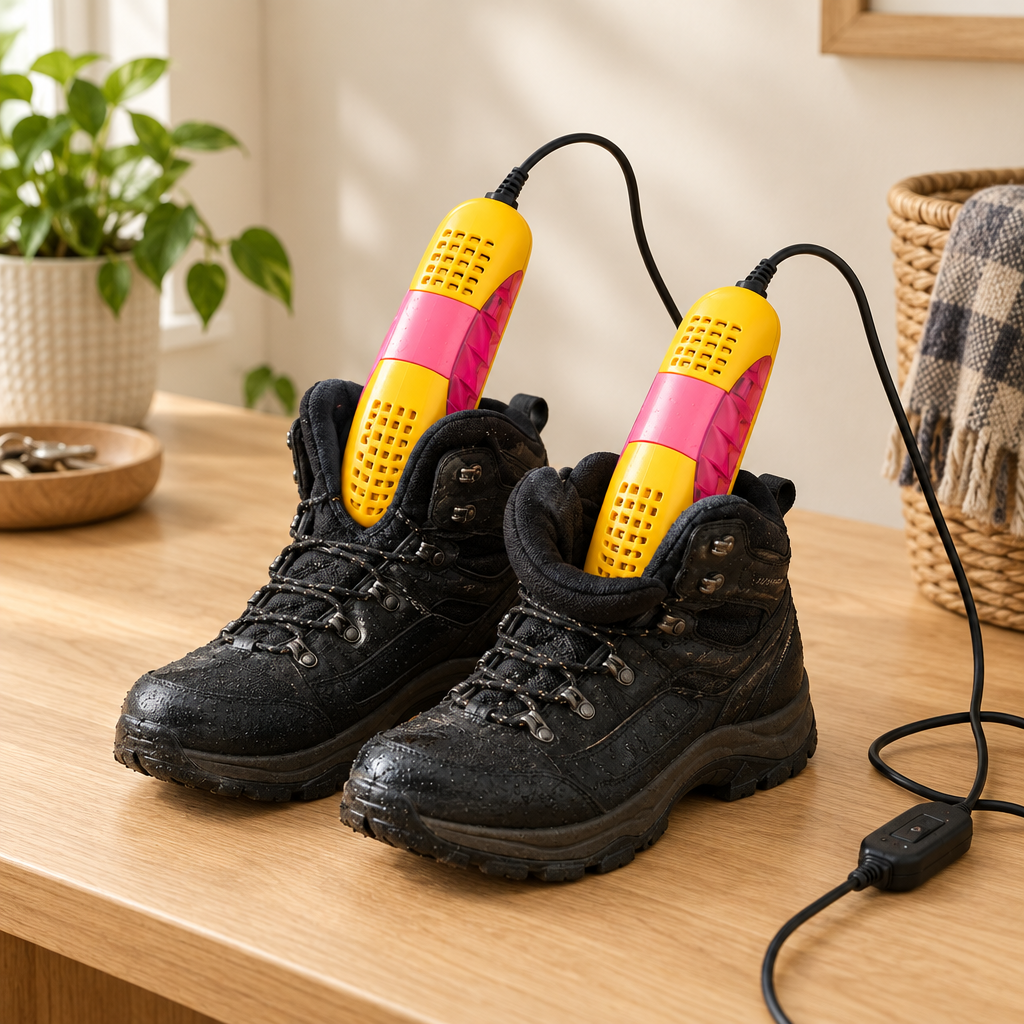 Side view of the yellow shoe dryer with drying arms extended