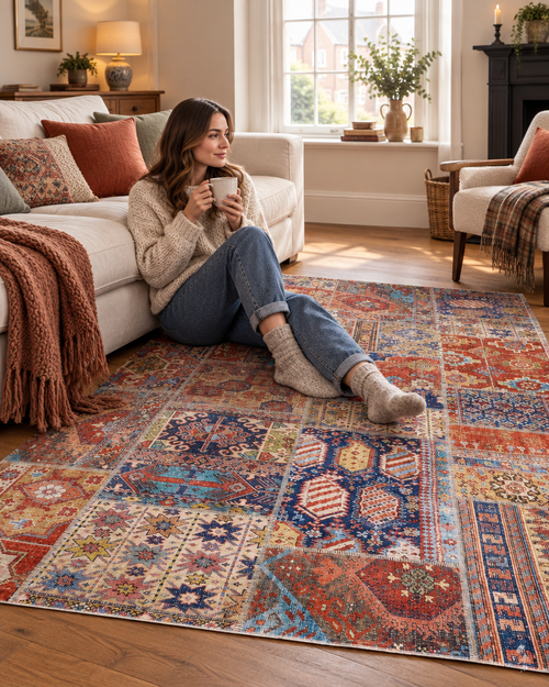 Beige vintage-style Ashbury rug in a cosy British living room with a cup of tea