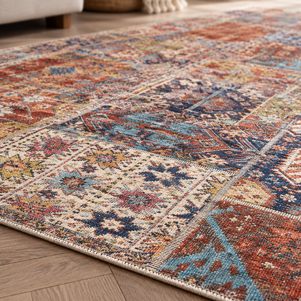Close-up of the faded pattern and texture of the beige rug