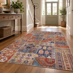 Beige vintage-style rug in a hallway with a wooden floor