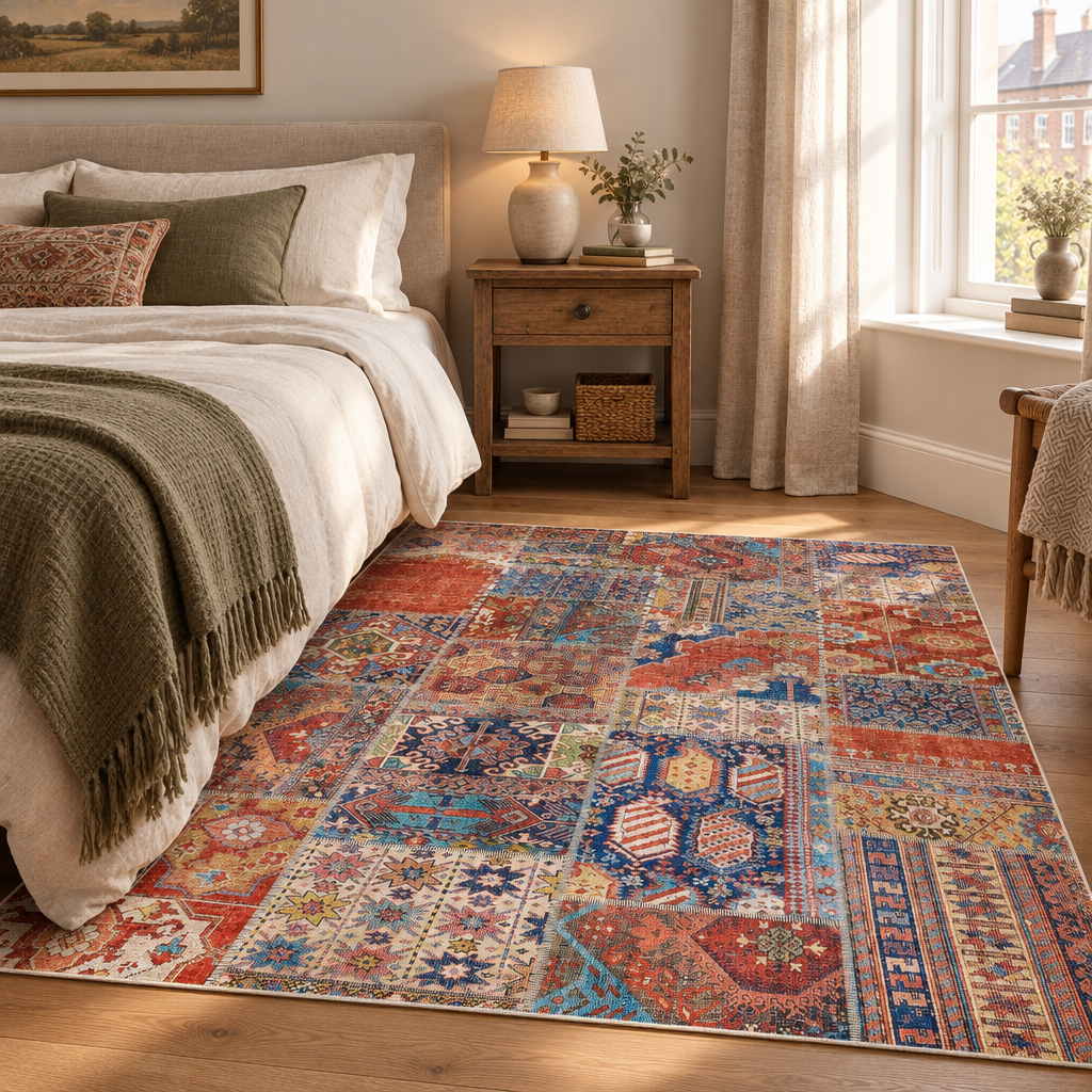 Beige vintage-style rug beside the bed in a calm bedroom
