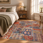 Beige vintage-style rug beside the bed in a calm bedroom