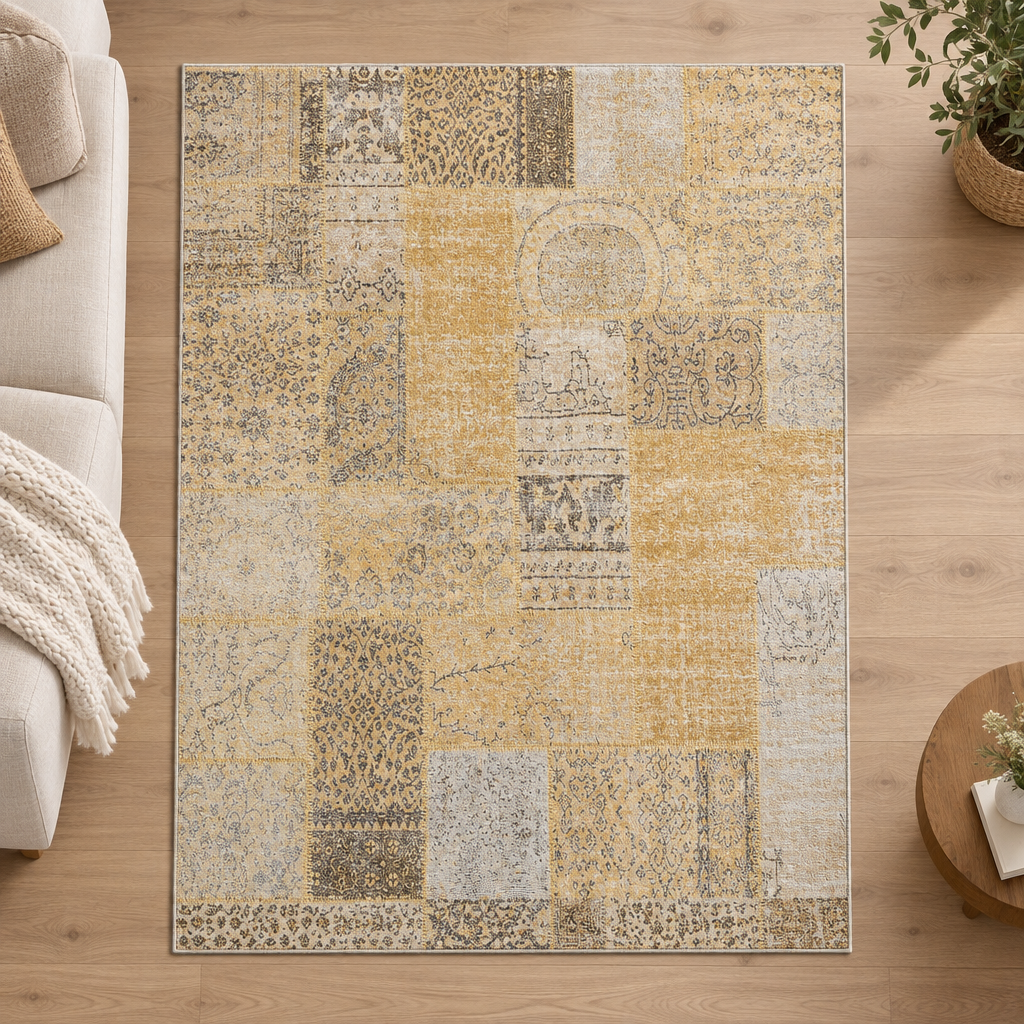Ashbury vintage-style distressed area rug in dark brown, top view