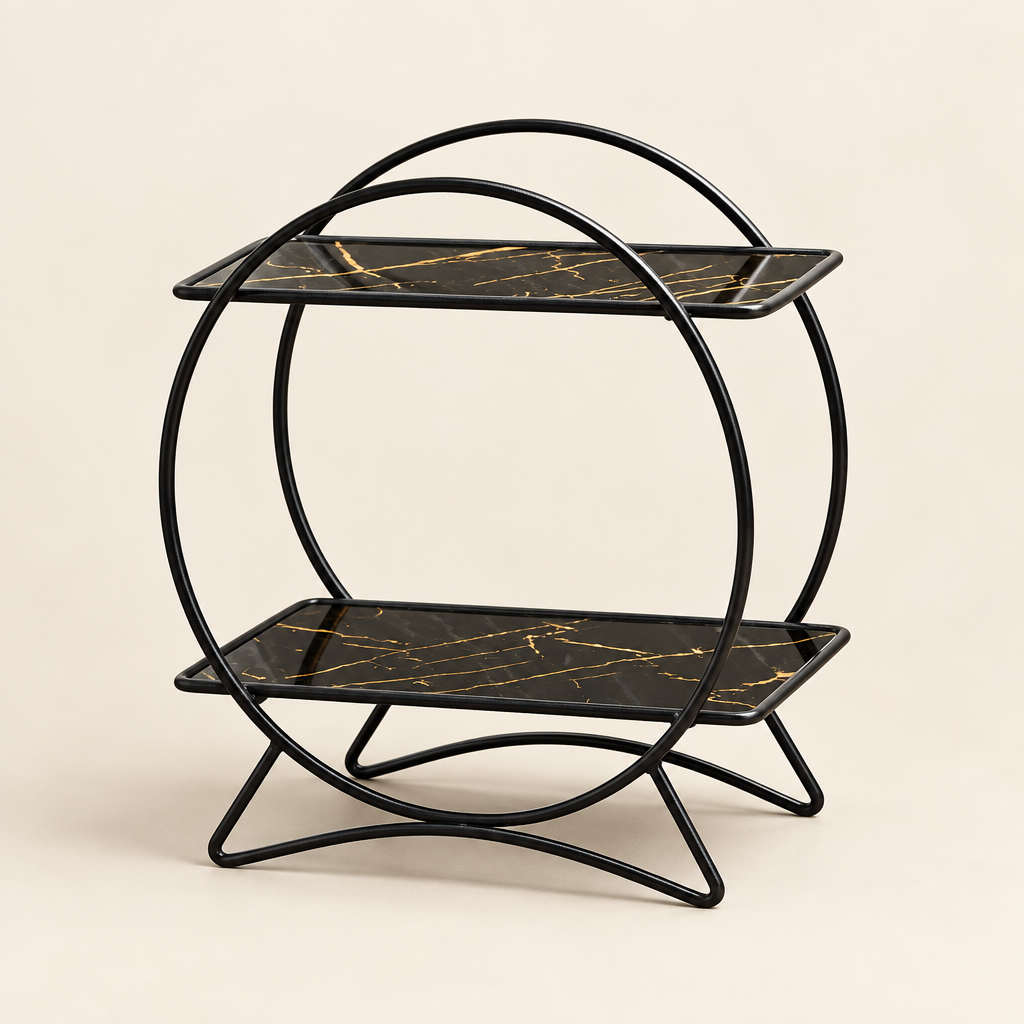 Marlowe two-tier bathroom organiser in black with marble-effect shelves