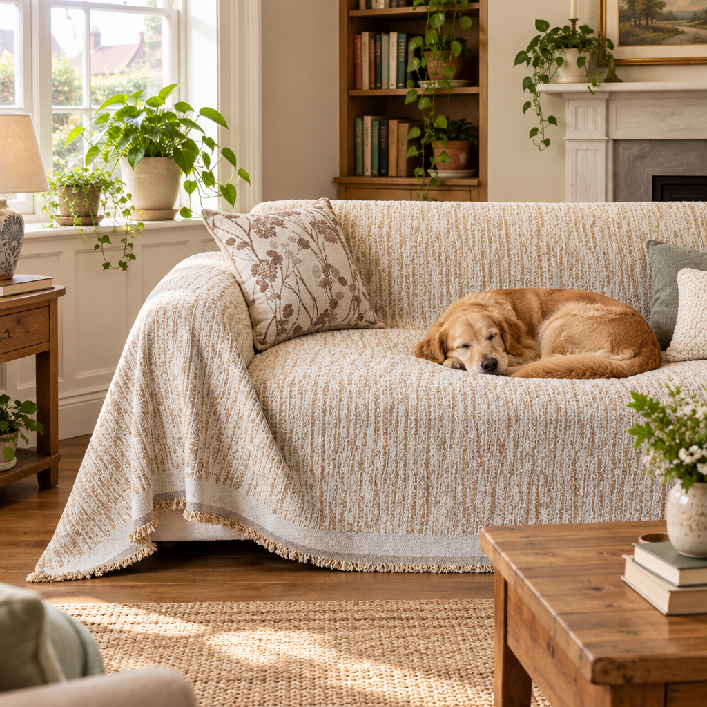 Champagne chenille throw on a sofa with a sleeping dog
