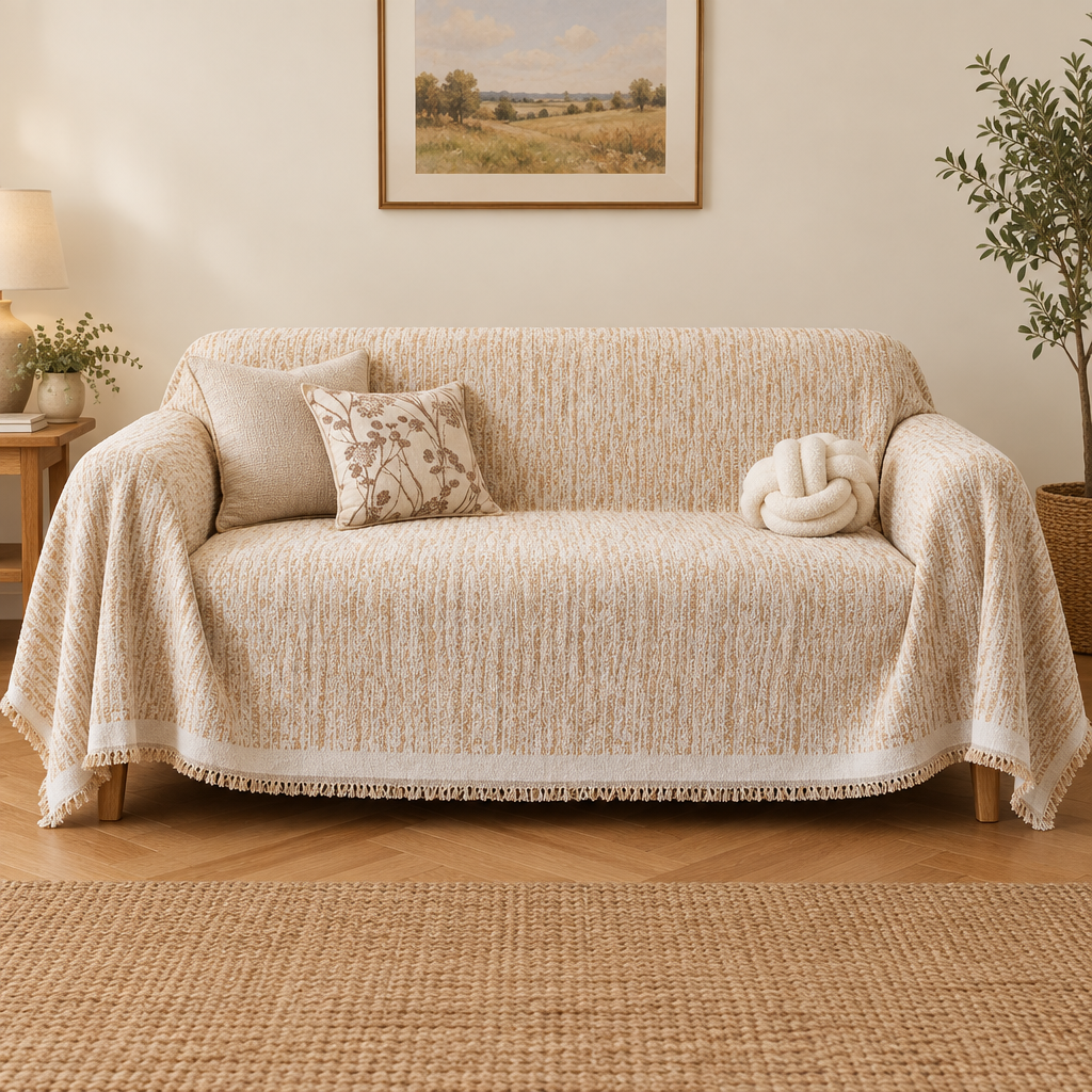 Kendal textured chenille sofa throw cover in champagne