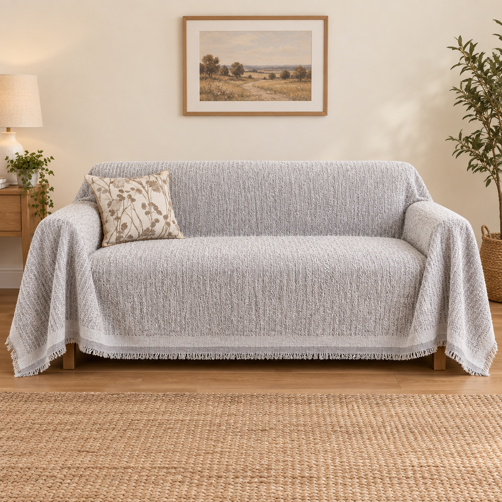 Kendal textured chenille sofa throw cover in light grey