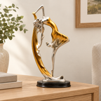 Side view of the dancer resin sculpture on an oak side table