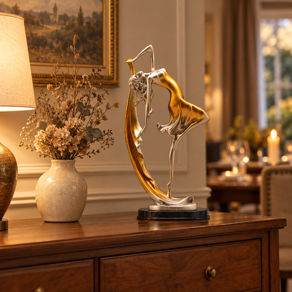 Dancer resin sculpture on a dining room sideboard with dried flowers