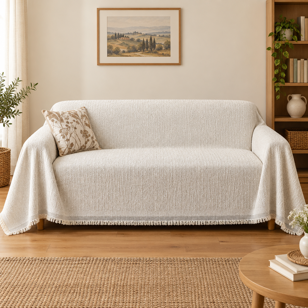 Kendal textured chenille sofa throw cover in cream white