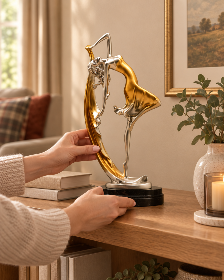 Hands placing the Ellery dancer resin sculpture on an oak shelf in a living room